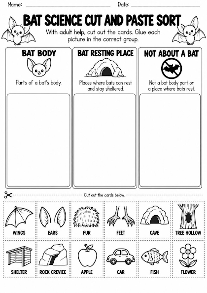 Bat Cut and Paste Science Sort Worksheet