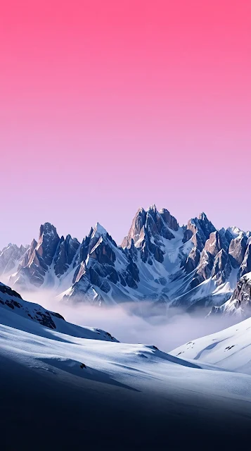 Minimalist Pink Sky Snow-Capped Mountain Landscape Wallpaper