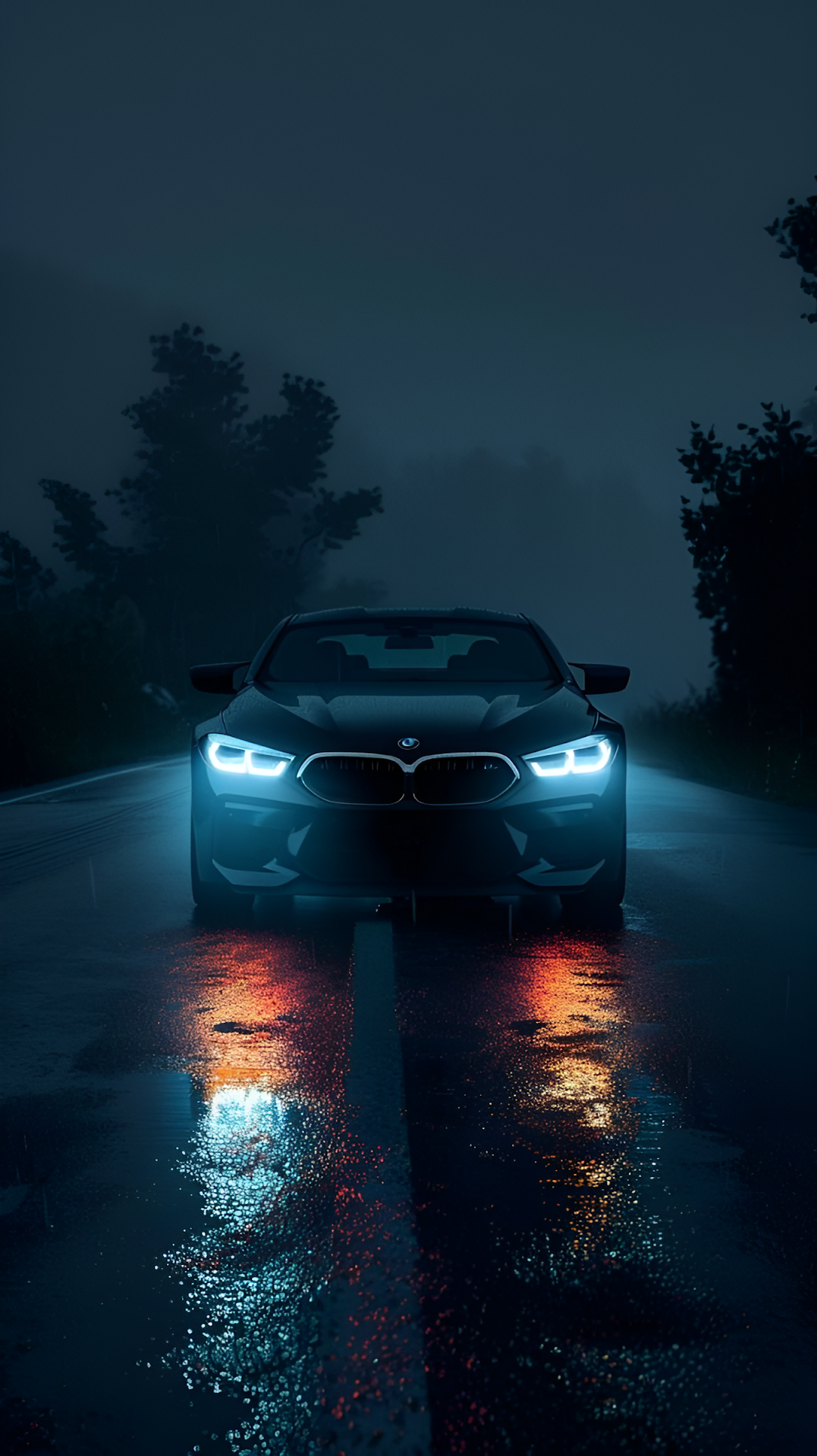 BMW Driving on Rainy Road Under Misty Night Sky - Free 4K mobile Wallpaper