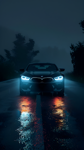 BMW Driving on Rainy Road Under Misty Night Sky
