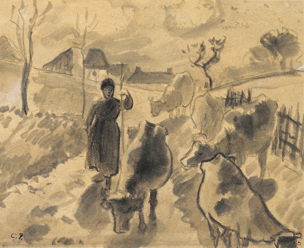 Girl leading a herd of cows along a road circa 1883