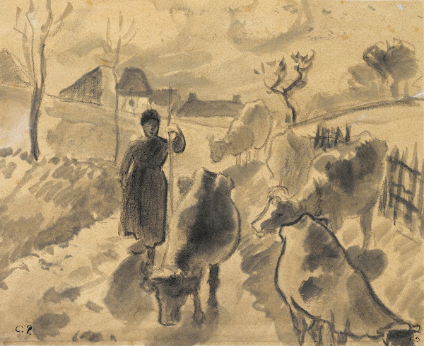 Girl leading a herd of cows along a road circa 1883