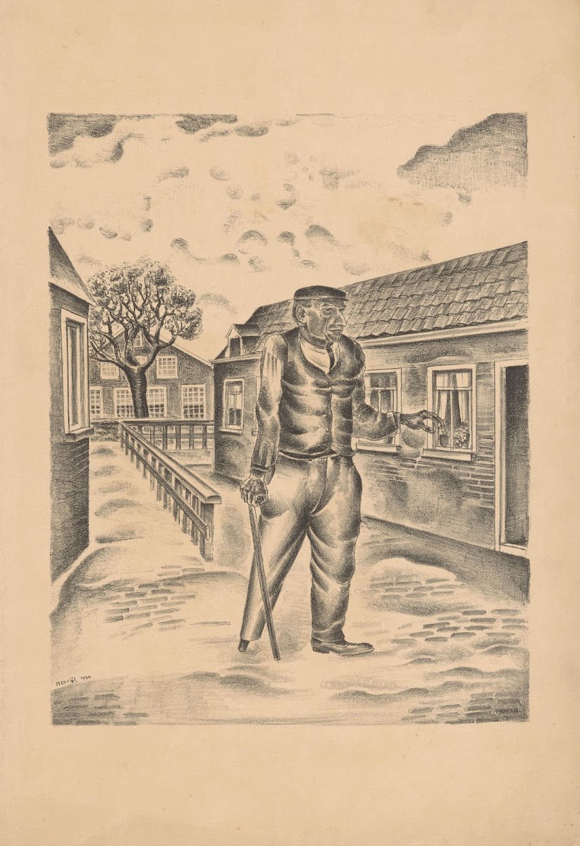 Man met houten been en stok in een dorpsstraat 1930
