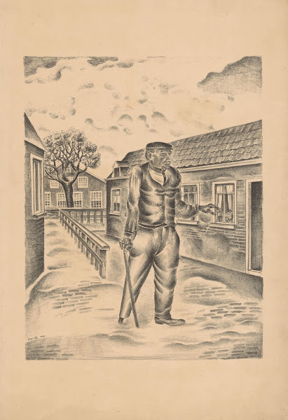 Man met houten been en stok in een dorpsstraat 1930