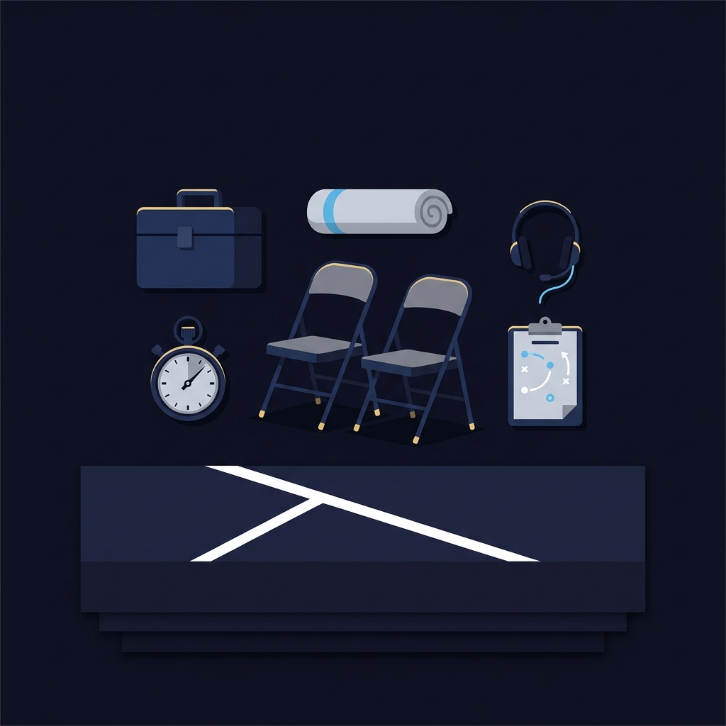 Minimalist 2D vector sideline scene showing coach and medical staff consultation represented by clipboard headset medical kit folding chairs stopwatch and court line in dark Funded Plays palette bucks celtics prediction