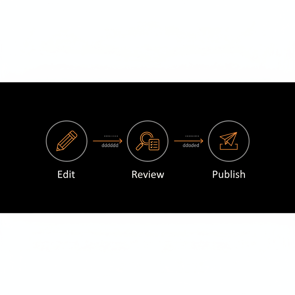 Minimal full-frame infographic of Edit → Review → Publish flowchart with vector icons in brand colors; can anyone change a Wikipedia page