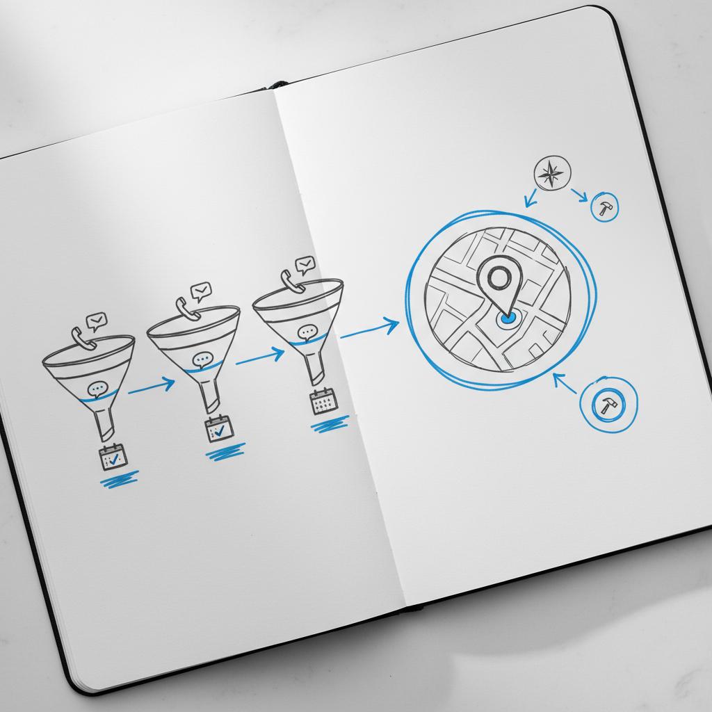 Notebook close-up with hand-drawn funnels, call/message/booked icons and a small service-radius map, minimalist planning visuals to advertise my services on Thumbtack