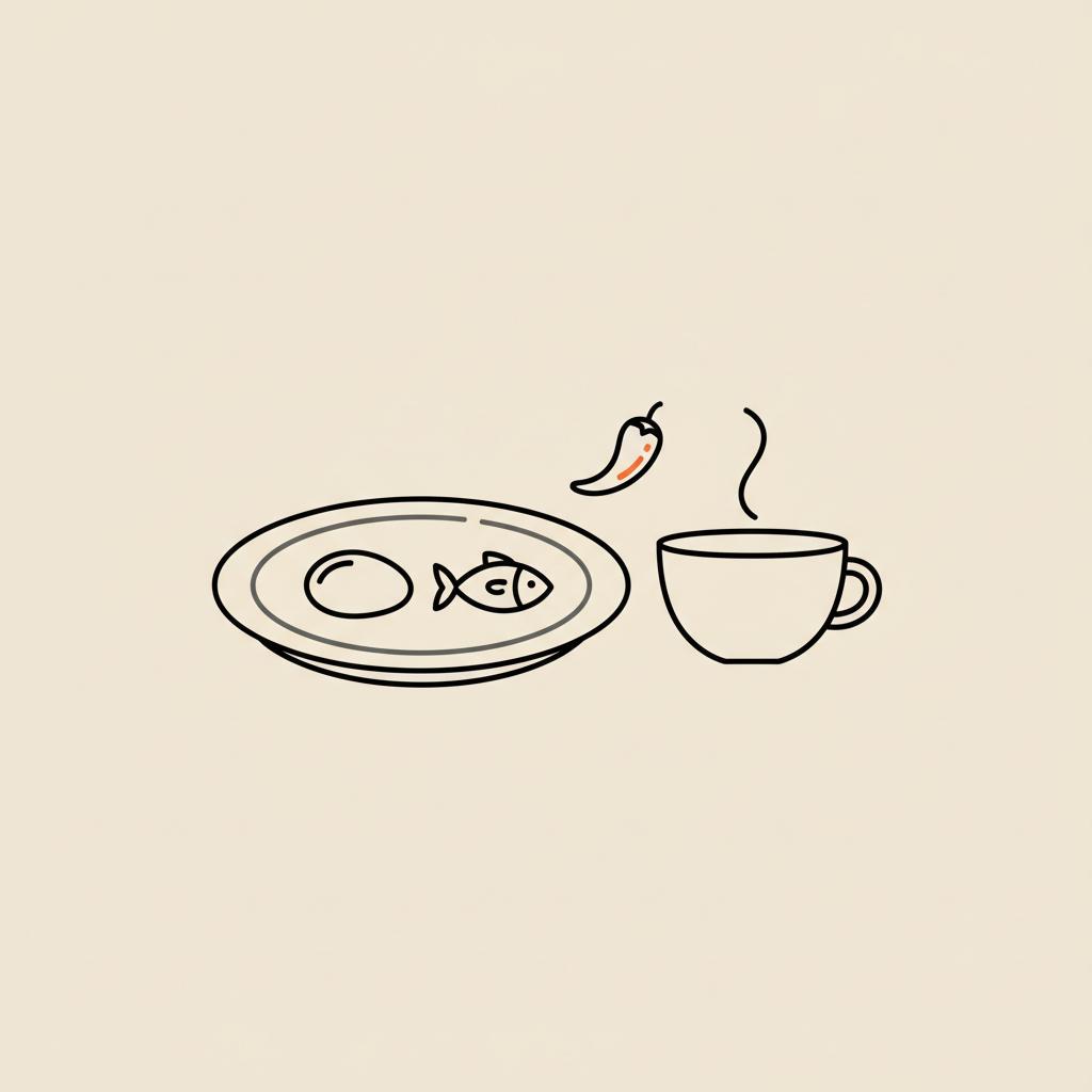 Minimalist Tonum-style line illustration of a plate with an egg, fish, teacup and chili pepper on a beige background — foods that speed up metabolism