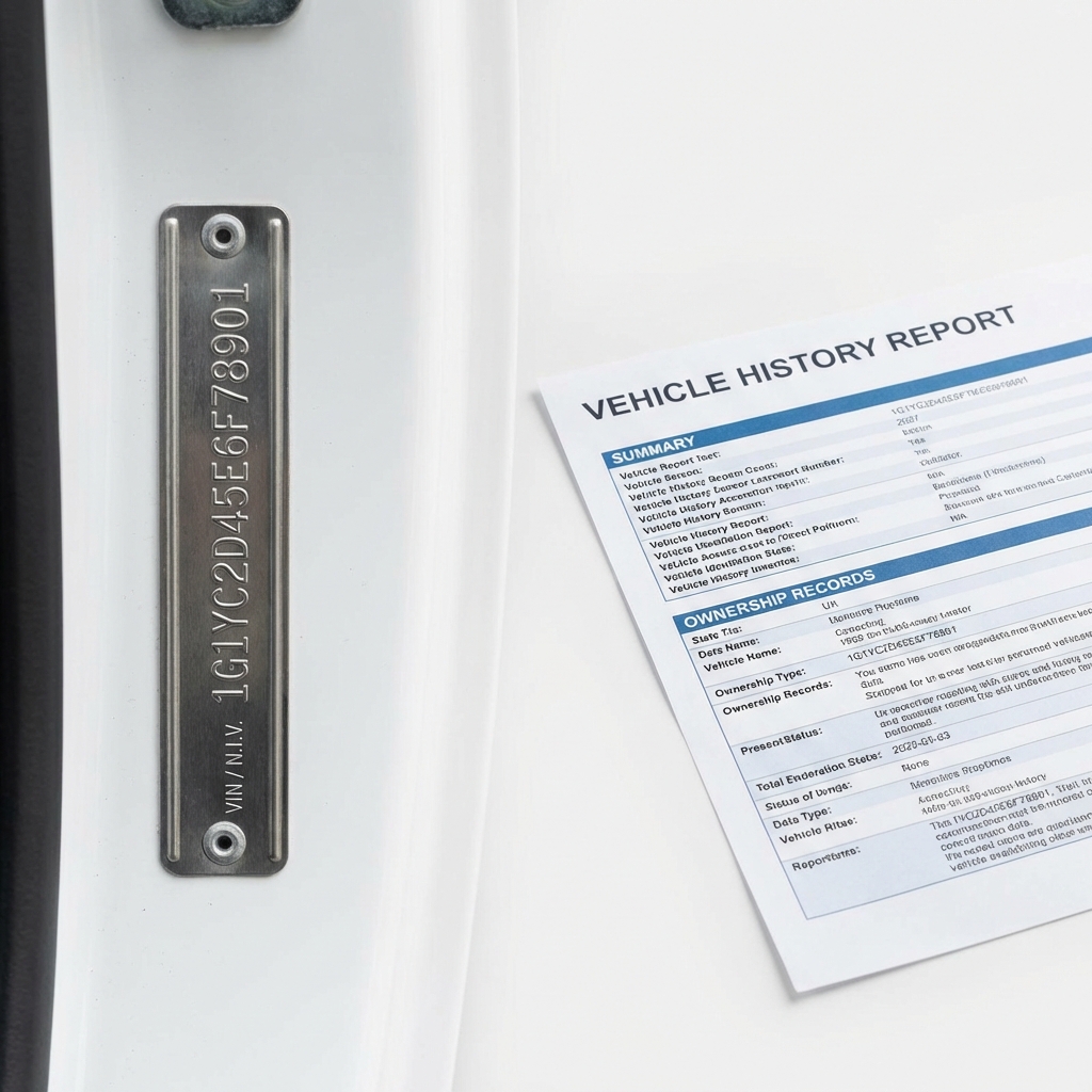 Close up of a car VIN plate next to a printed vehicle history report highlighting carvana car value in a clean white minimalist layout