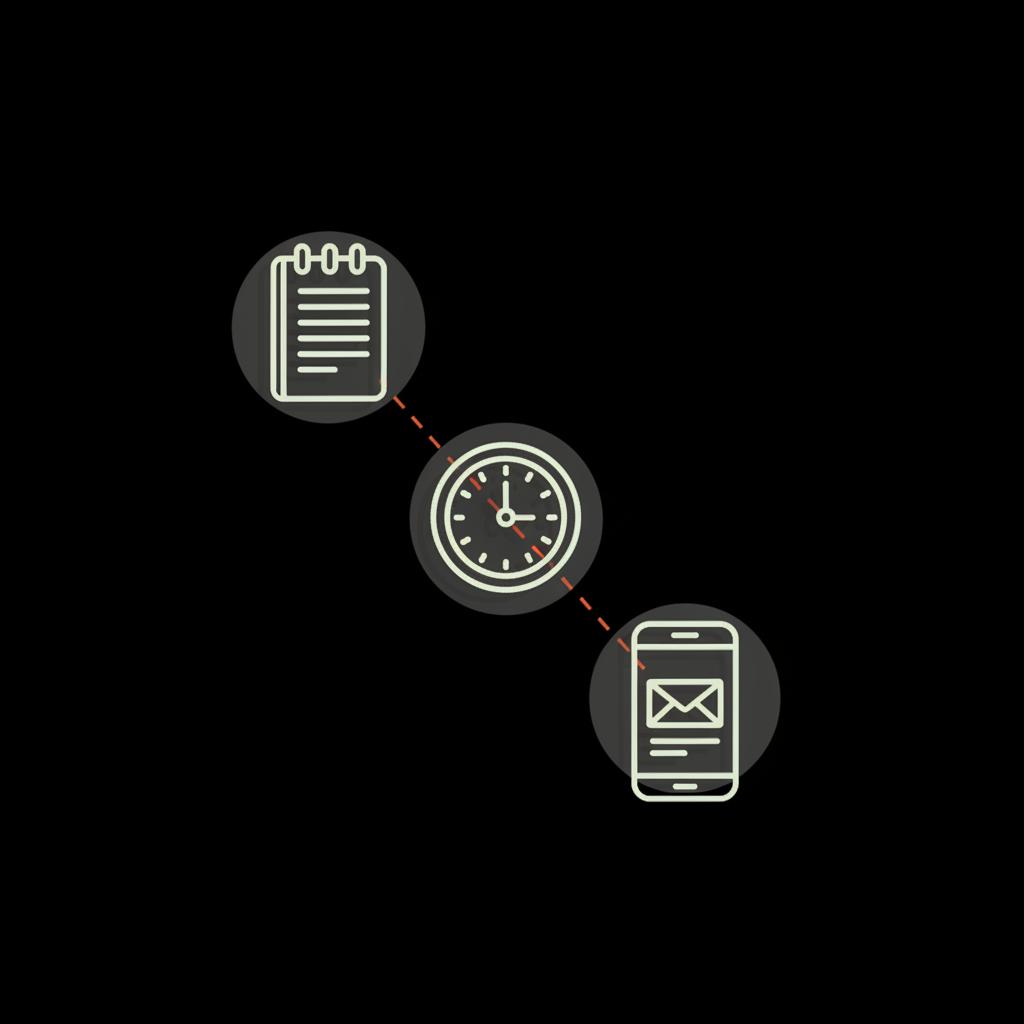 Minimal 2D vector infographic of a notepad, clock and smartphone arranged diagonally on a black background in Social Success Hub colors, concept for managing multiple Gmail accounts