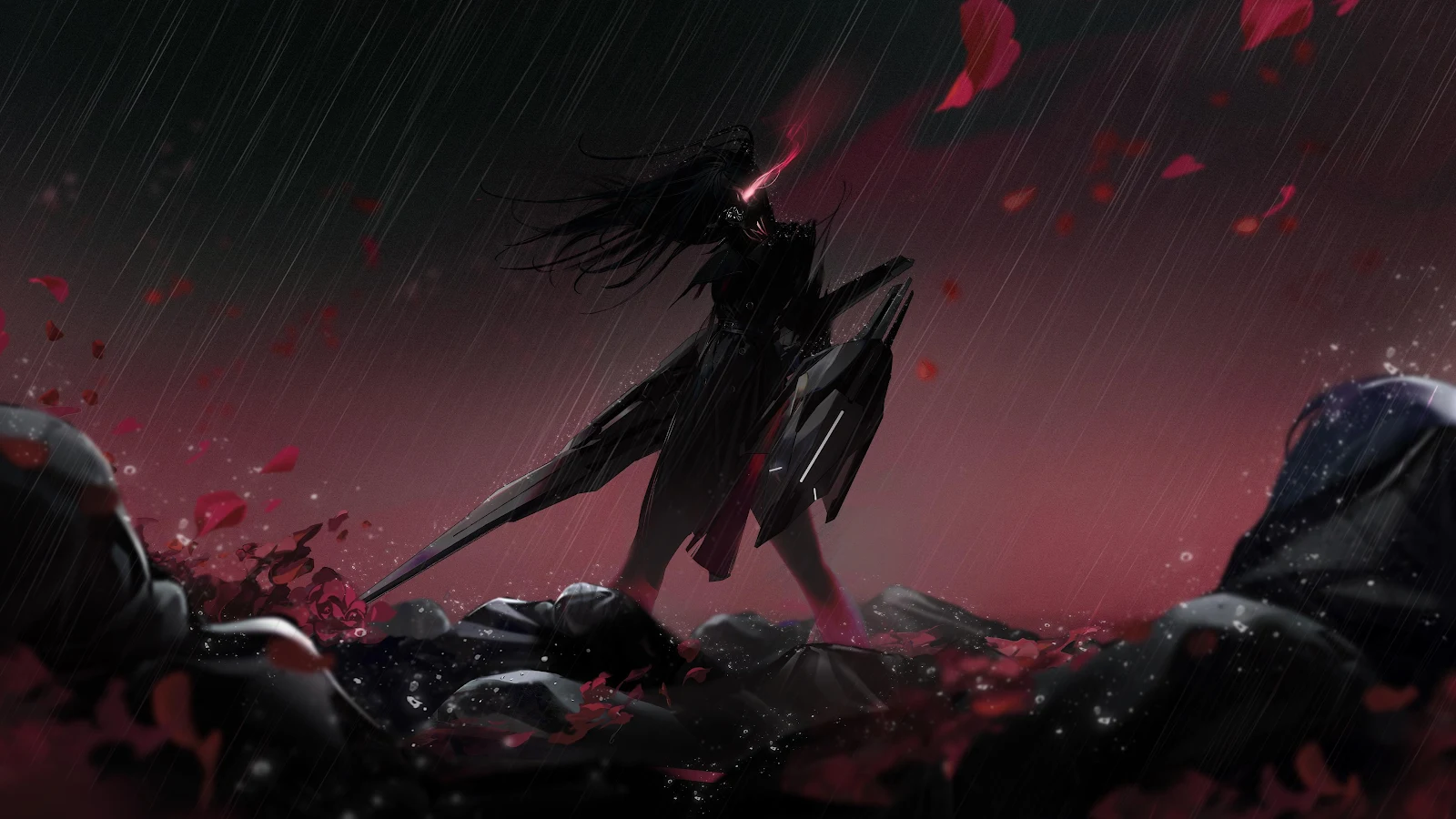 Shadow Warrior In Red Rain - Dark Digital Illustration 4K Wallpaper (3840x2160)