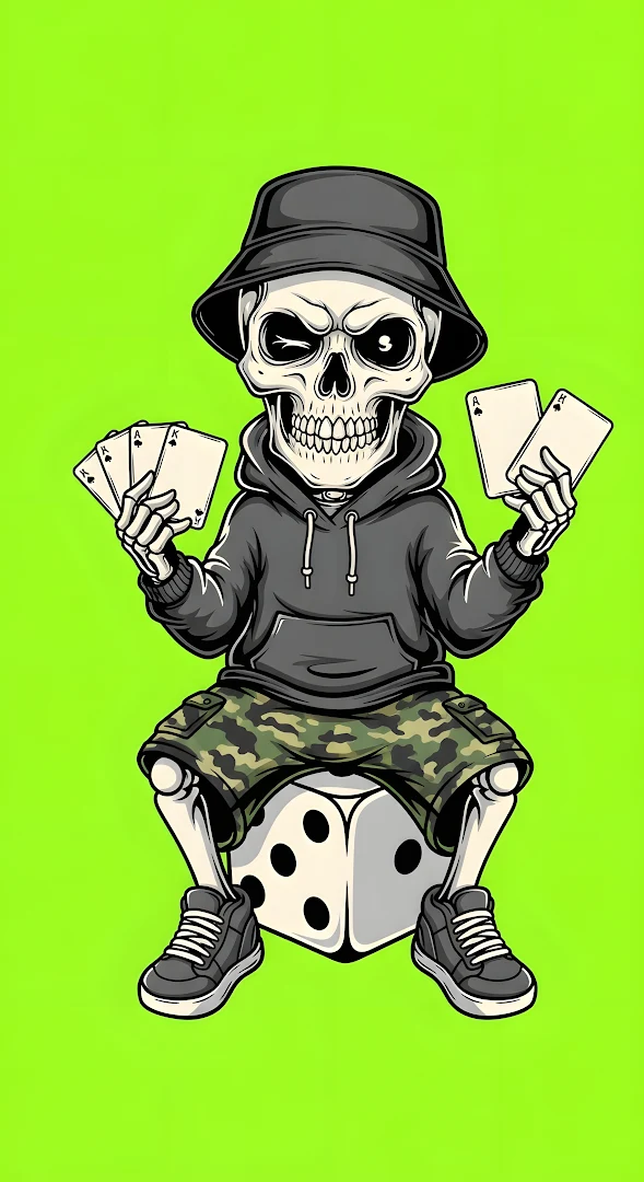 Streetwear Skeleton Mascot Holding Aces on Neon Green