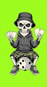Streetwear Skeleton Mascot Holding Aces on Neon Green