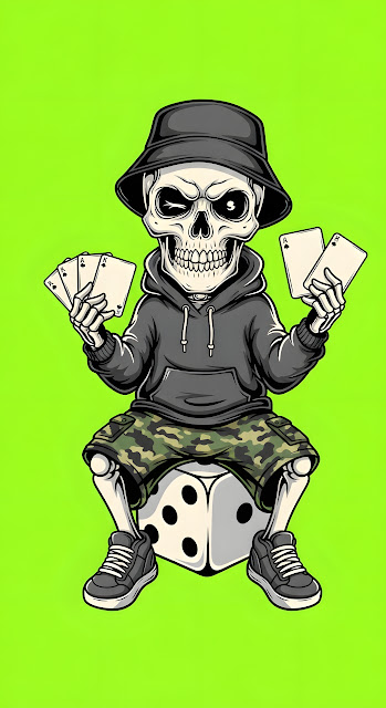 Streetwear Skeleton Mascot Holding Aces on Neon Green - Free mobile Wallpaper