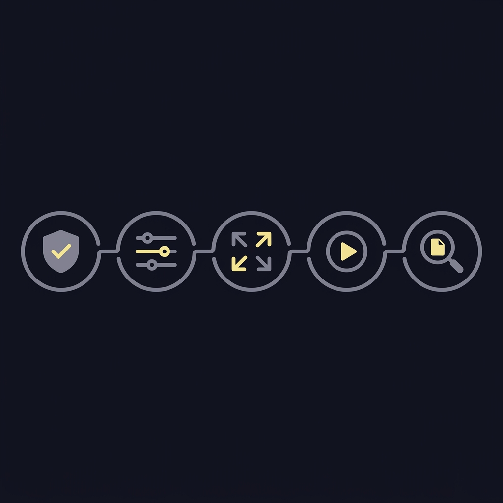 Minimal 2D vector workflow diagram of five connected nodes with icons for verify adjust size execute review, for Trading NBA Games with Late Player News