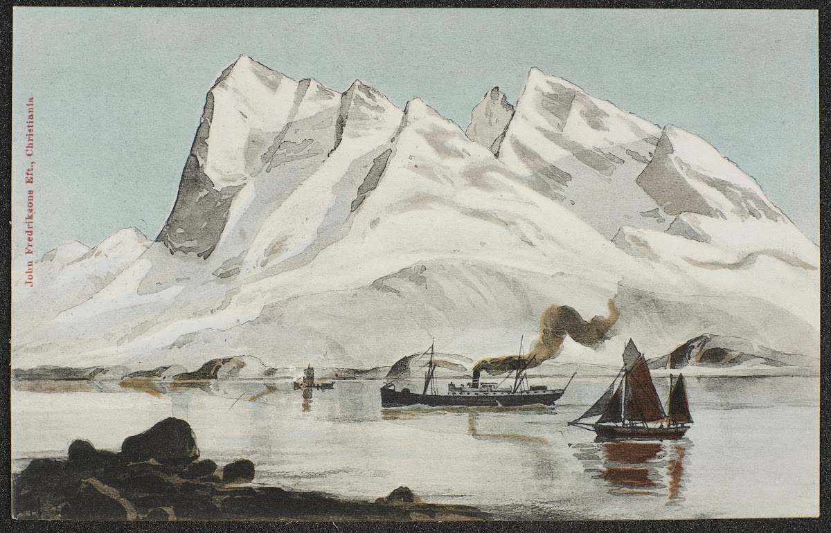 Motif with mountain landscape and boats