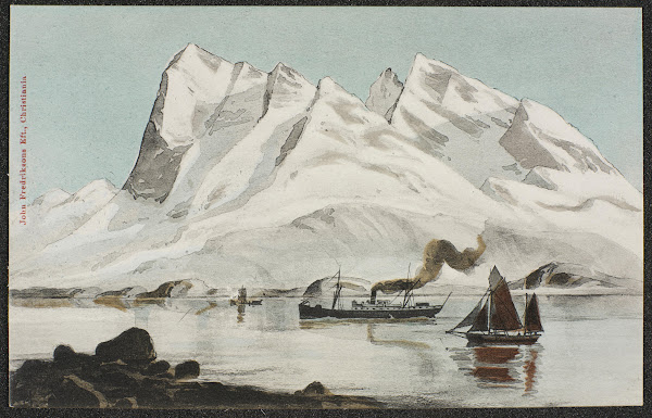 Motif with mountain landscape and boats