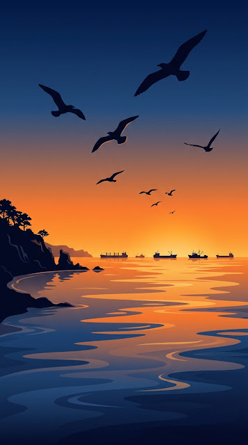 Minimalist Seascape at Dusk with Seagull Silhouettes and Ships - Free mobile Wallpaper