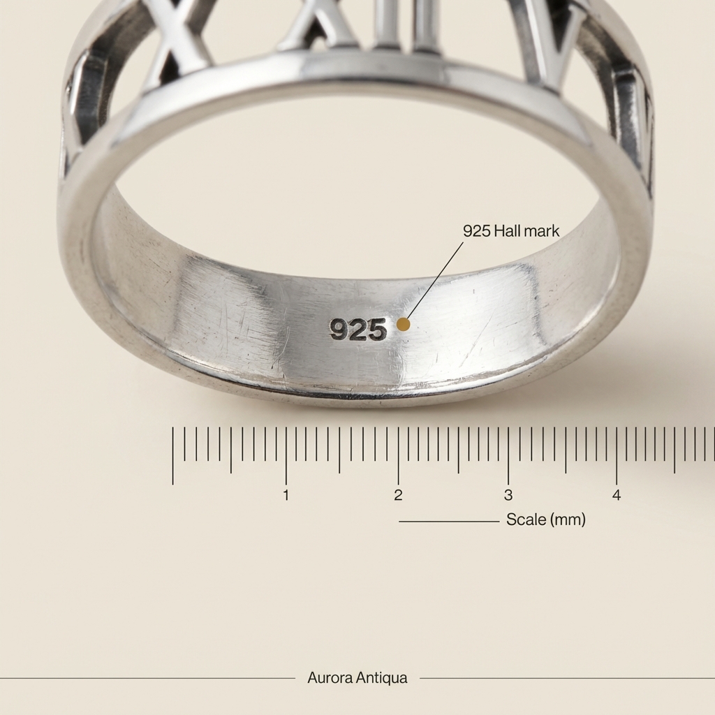 Close up annotated photograph of the interior band of a roman numeral ring silver showing a clear 925 punch and a millimeter ruler for scale on a warm neutral background