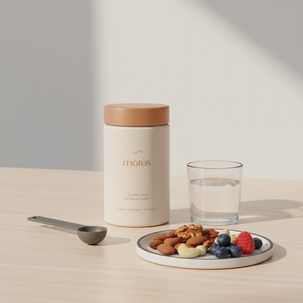 Close realistic photo of Motus supplement jar on a wooden table with a glass of water, measuring spoon and plate of nuts and berries — what is the best pill for suppressing appetite?