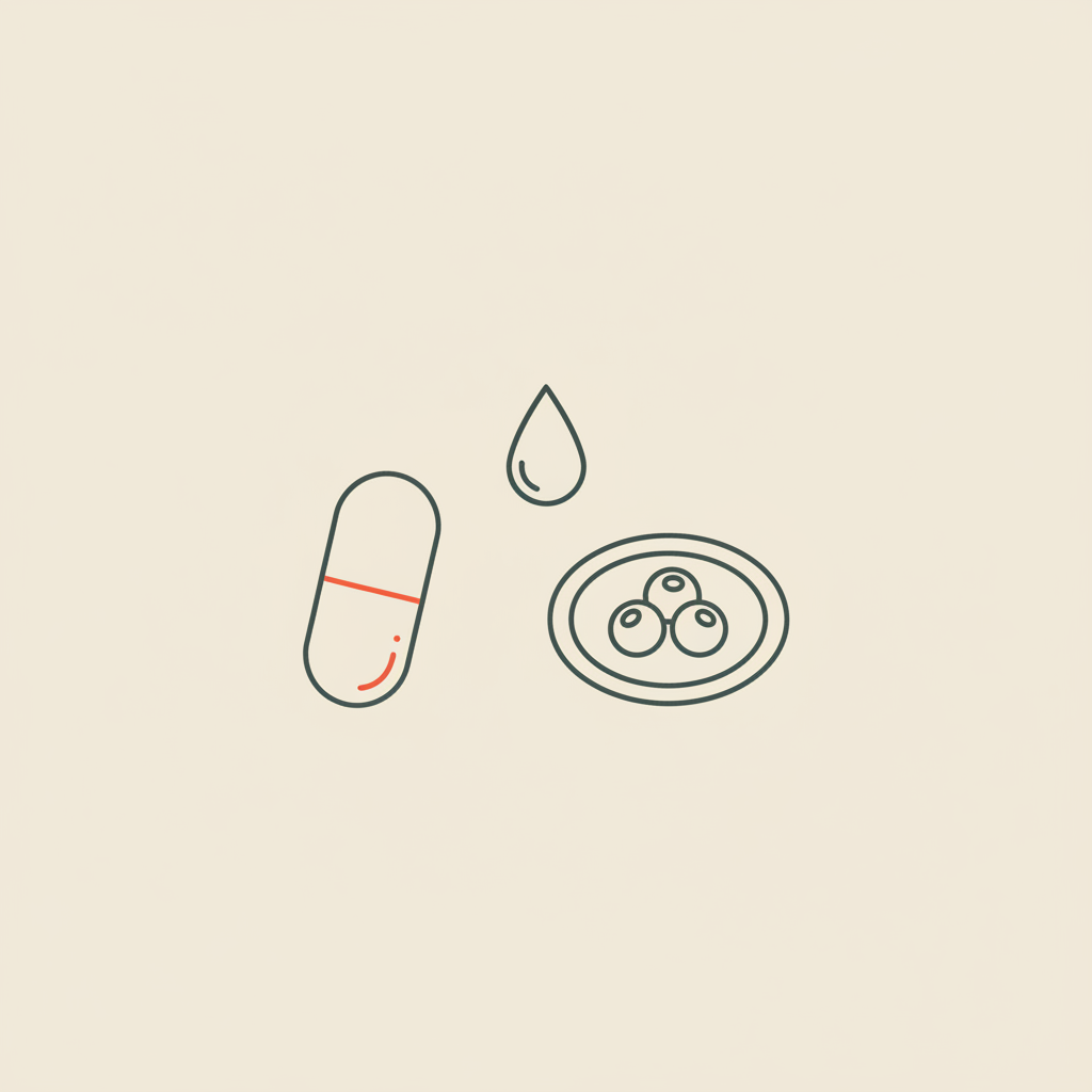 Minimal Tonum-style line illustration of a capsule, small plate with berries, and a water droplet on beige background representing conjugated linoleic acid