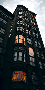 Moody Victorian Skyscraper Glowing Orange Windows at Dusk