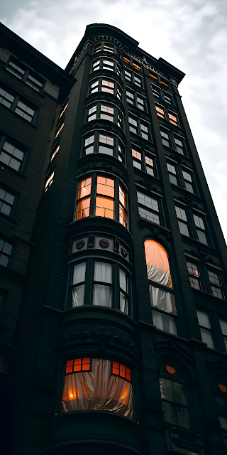 Moody Victorian Skyscraper Glowing Orange Windows at Dusk