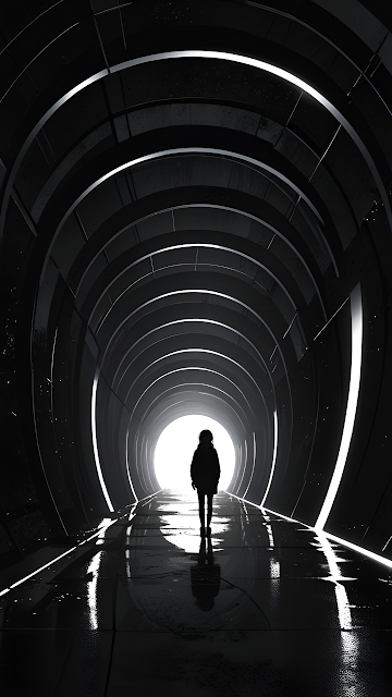 Monochrome Silhouette Walking Towards Light in SciFi Tunnel - Free mobile Wallpaper