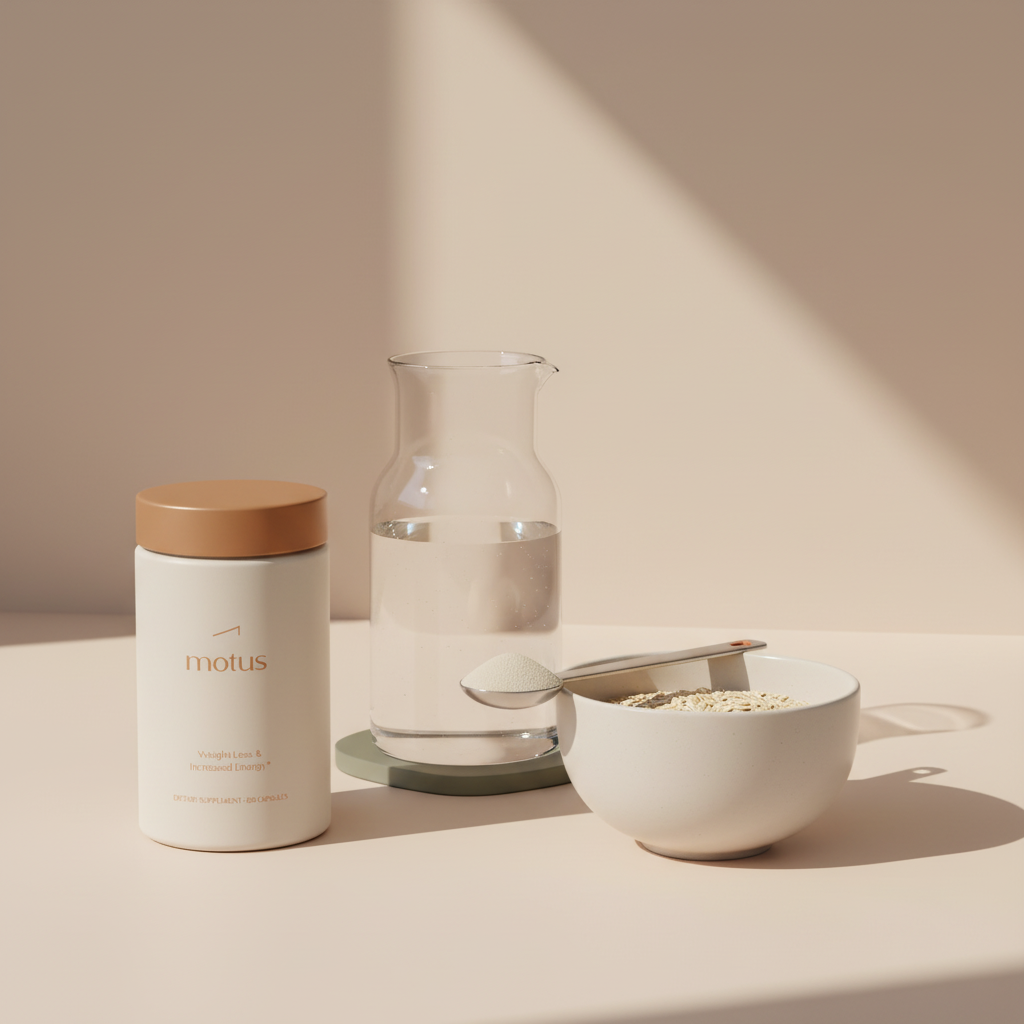 Minimalist breakfast scene with Tonum Motus supplement jar beside a bowl of oats and a measuring spoon of psyllium powder, illustrating psyllium husk benefits