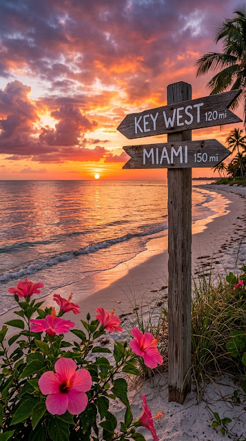 Tropical Sunset Beach with Miami and Key West Directional Signpost - Free mobile Wallpaper
