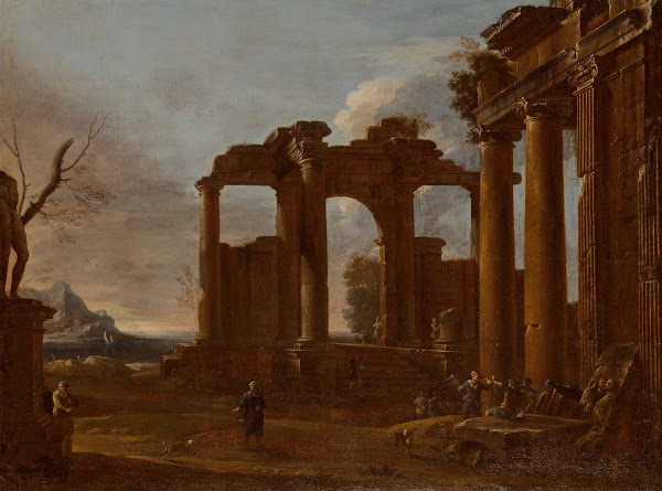 Two classical temples in ruins with statue bas relief and figures circa 1650 60