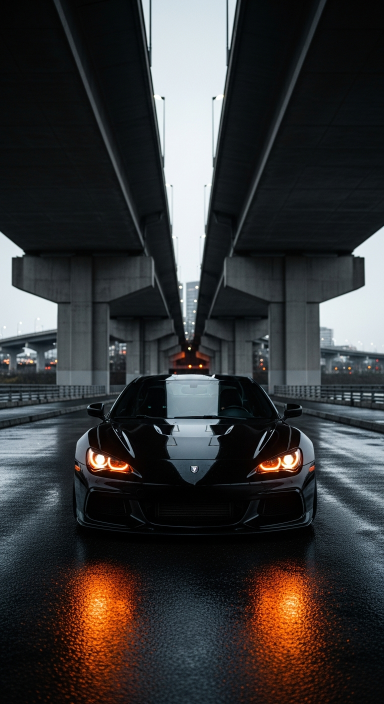 Aggressive Black Sports Coupe with Halo Lights Parked Under Dark Urban Bridge at Night - Free 4K mobile Wallpaper