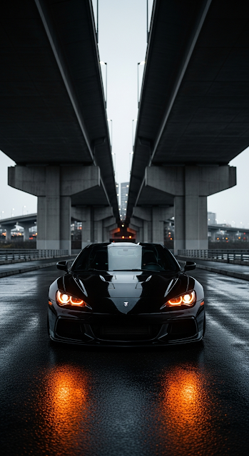 Aggressive Black Sports Coupe with Halo Lights Parked Under Dark Urban Bridge at Night - Free mobile Wallpaper
