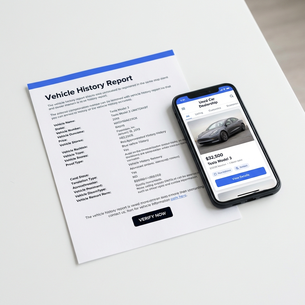Close up of vehicle history report printout beside a smartphone showing a dealership listing for a tesla for sale on a clean white background with blue accent