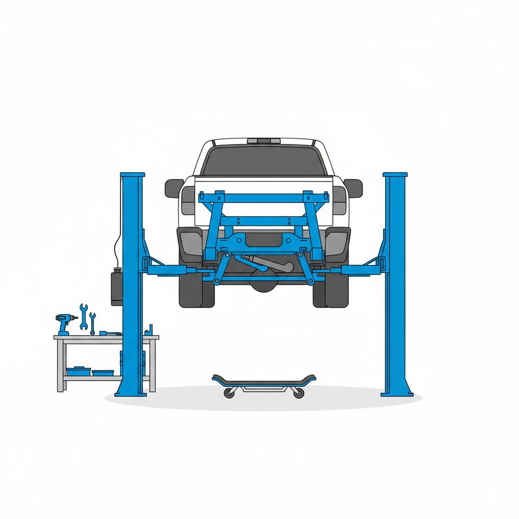 Minimalist 2D vector of a lifted used ford ranger for sale underbody focusing on frame rails and suspension mounts clean white background blue accents