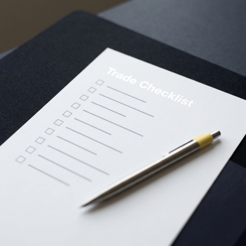 Close up minimalist photograph of a printed trade checklist and pen on a dark Funded Plays style background illustrating Why Sunk Costs Should Not Affect Your Next Trade