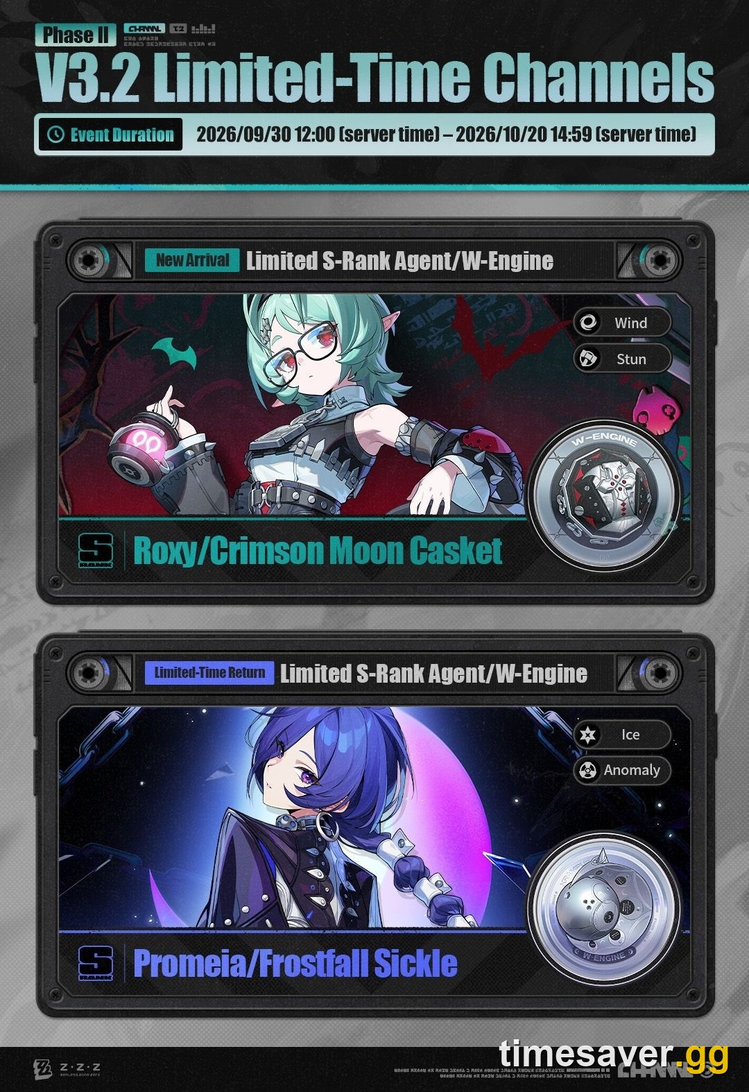 Version 3.2 Phase II channel summary showing Roxy with Crimson Moon Casket and Promeia with Frostfall Sickle
