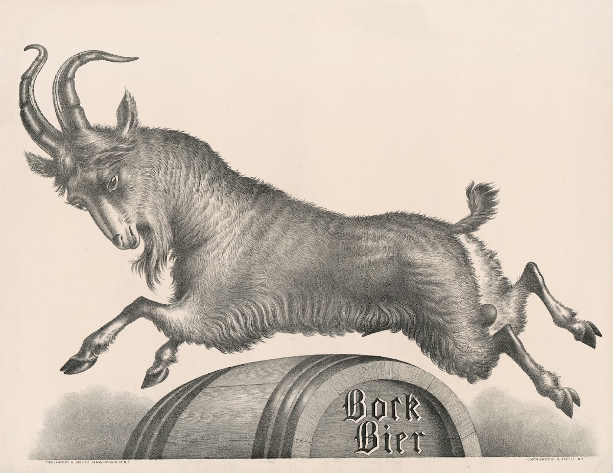 Bock Bier goat jumping over barrel marked with title 1881