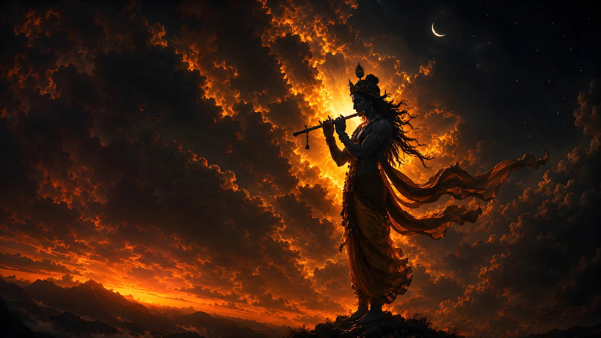 Silhouette of traditional divine deity playing flute against sunset sky - Free 4K desktop Wallpaper
