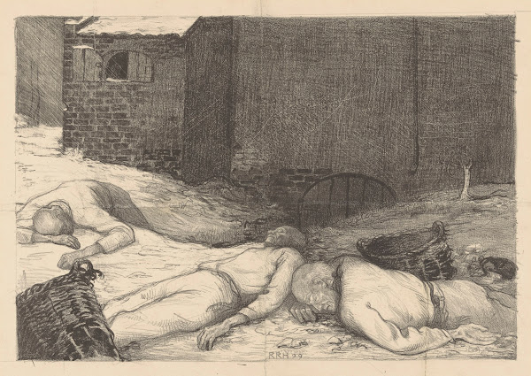 Drie liggende dode mannen bij een gebouw 1899