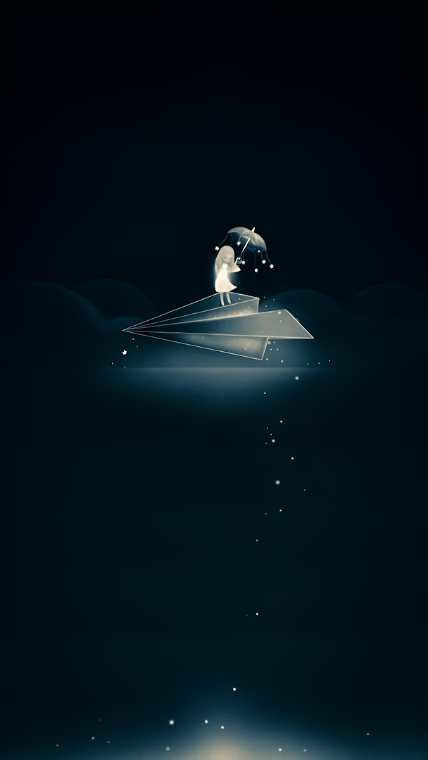 Girl with Umbrella Riding a Glowing Paper Airplane in Night Sky
