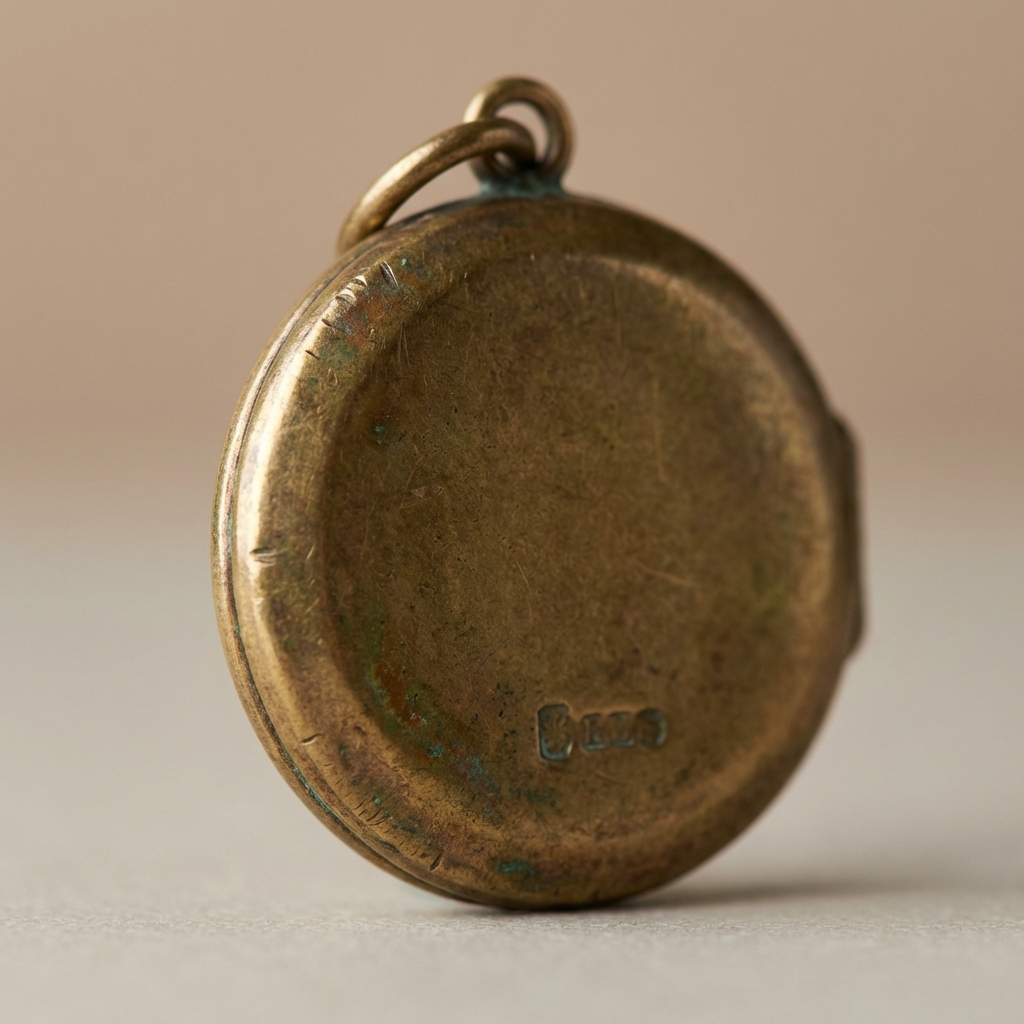 Macro full frame image of a medieval locket bezel and hoop with aged patina edge wear and a faint maker mark on a warm neutral Aurora Antiqua background