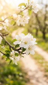 Sunlit Spring Orchard with White Apple Blossoms and Grassy Path