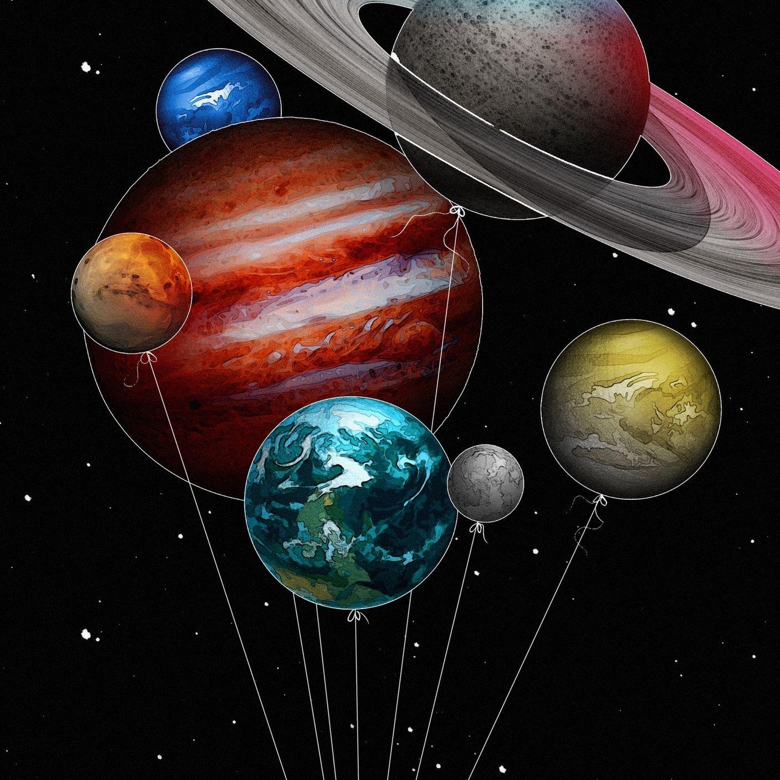 Download Astronaut Holding Solar System Balloons Full HD iPhone