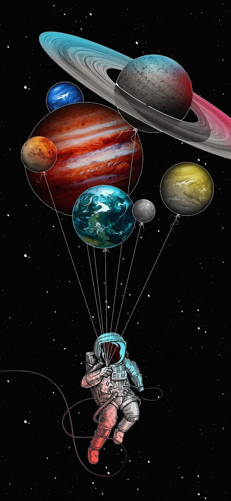 Astronaut Holding Solar System Balloons - Conceptual Illustration Full HD iPhone Wallpaper (1407x3045)