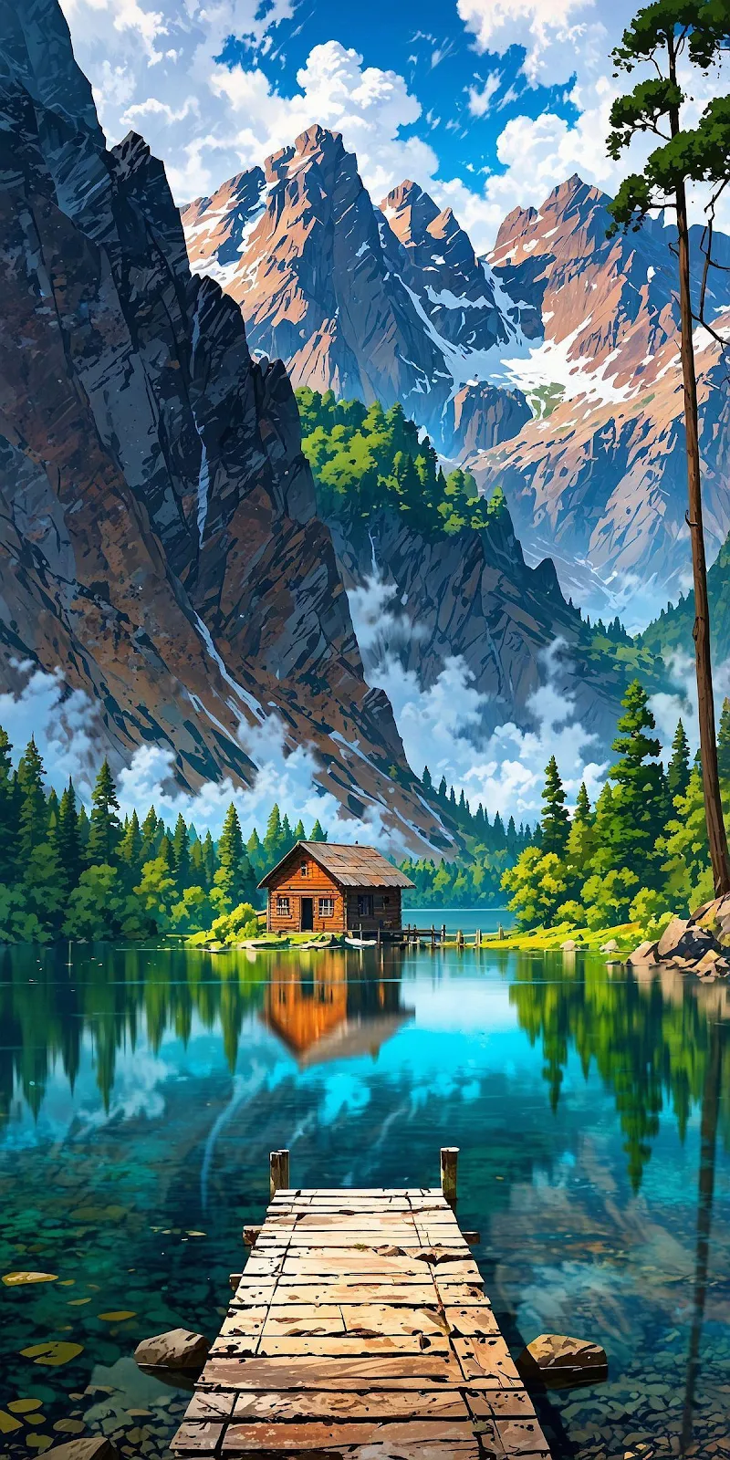 Wooden Cabin by Mountain Lake - Digital Painting Full HD iPhone Wallpaper (1200x2400)
