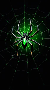 Glowing Green Spider on Neon Web in Darkness