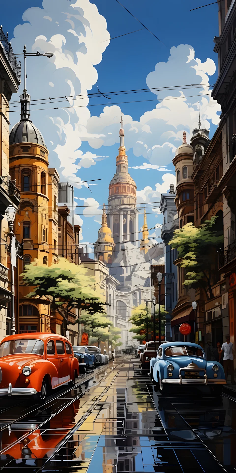 Vintage Cars on Wet City Street with Grand Cathedral - Free 4K mobile Wallpaper