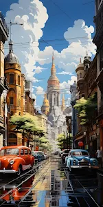 Vintage Cars on Wet City Street with Grand Cathedral