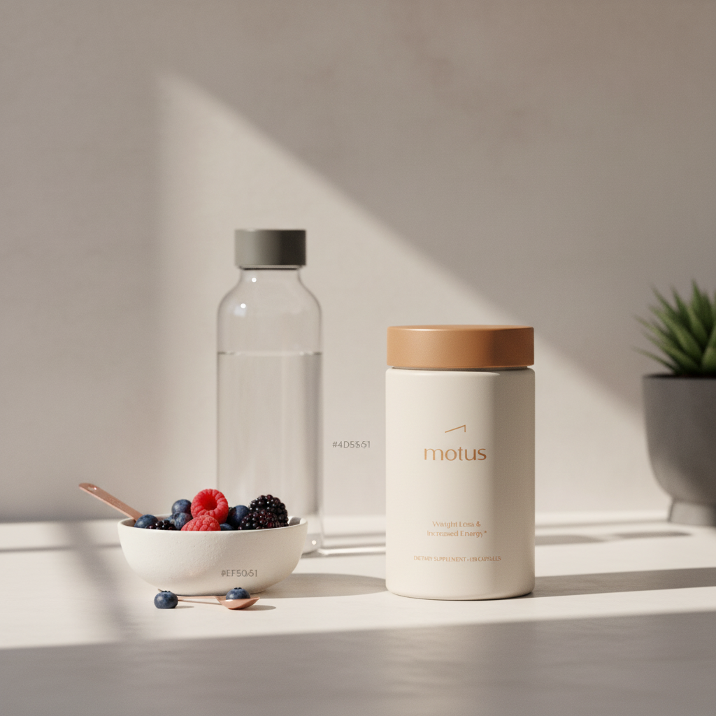 Motus supplement bottle on a minimalist kitchen counter beside a bowl of berries, measuring spoon and water bottle, a balanced morning routine image for what burns the most visceral fat